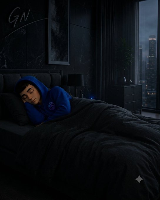 A stylized image of a person sleeping in a dark modern bedroom wearing a blue hoodie, with 'GN' (good night) written on the wall and a cityscape visible through the window.