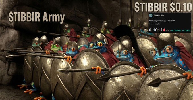 A meme image showing an army of frogs dressed as Spartans from the movie 300, labeled '$TIBBIR Army,' with a token tracker overlay showing TIBBIRUSD at ₿0.10124, up +5.86% via Virtuals on Crypto.