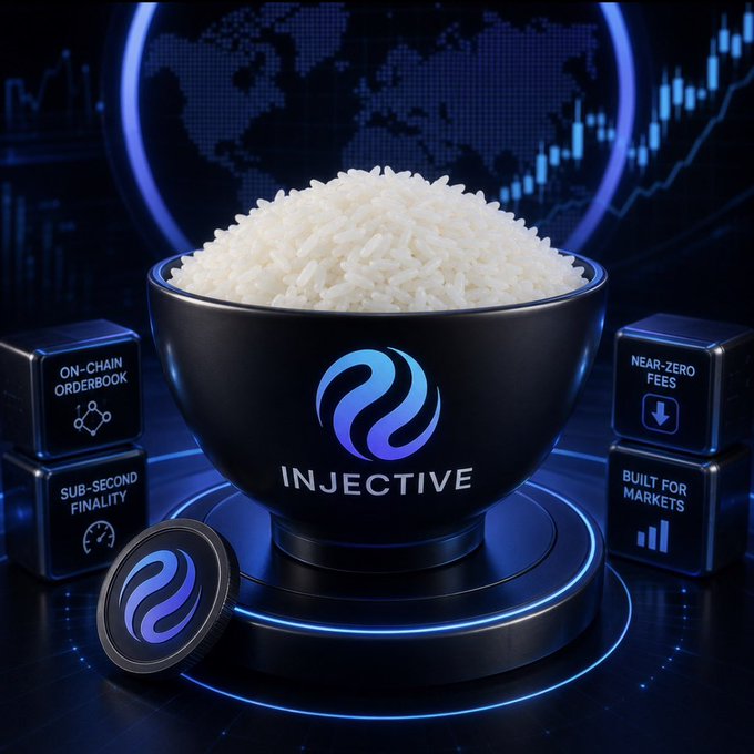A promotional image featuring a black bowl filled with white rice, branded with the "INJECTIVE" logo, surrounded by feature blocks reading "ON-CHAIN ORDERBOOK", "SUB-SECOND FINALITY", "NEAR-ZERO FEES", and "BUILT FOR MARKETS" against a dark blue background with charts.