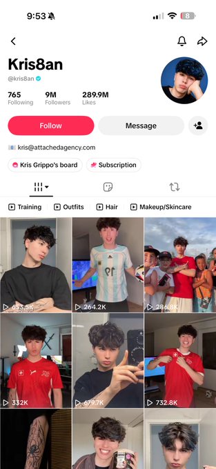 A TikTok profile screenshot for 'Kris8an' (@kris8an) showing 9M followers, 289.9M likes, a verified email, and a grid of videos featuring a young man in various outfits including soccer jerseys.