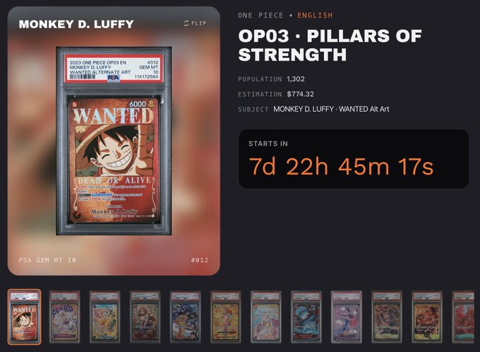 The image shows a poster for an upcoming auction where people can bid on various items such as Pokemon cards and booster boxes. The poster displays a list of items available for bidding, including a poster featuring the character One Piece from the anime "Monkey D. Luffy". The auction is scheduled to take place in 7 days at 2:45 pm. The post encourages people to join the waitlist so they can potentially score some Pokemon slabs and other rewards by participating in the auction.
