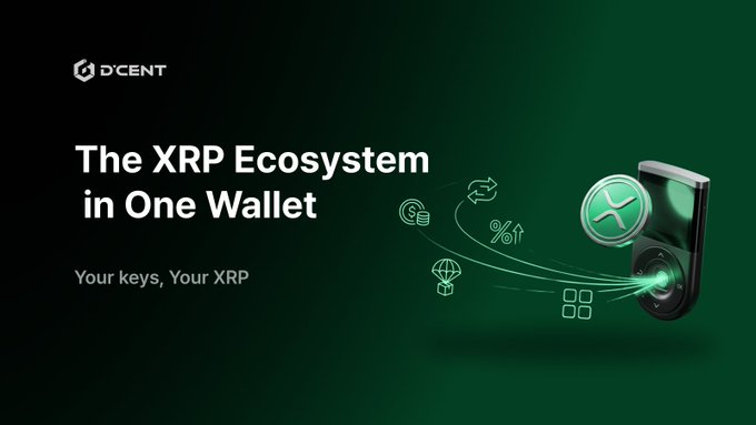 An advertisement for D'CENT wallet reading 'The XRP Ecosystem in One Wallet' and 'Your keys, Your XRP,' showing a hardware wallet device with the XRP logo and various icons representing coins, exchange, percentage, and NFT features.