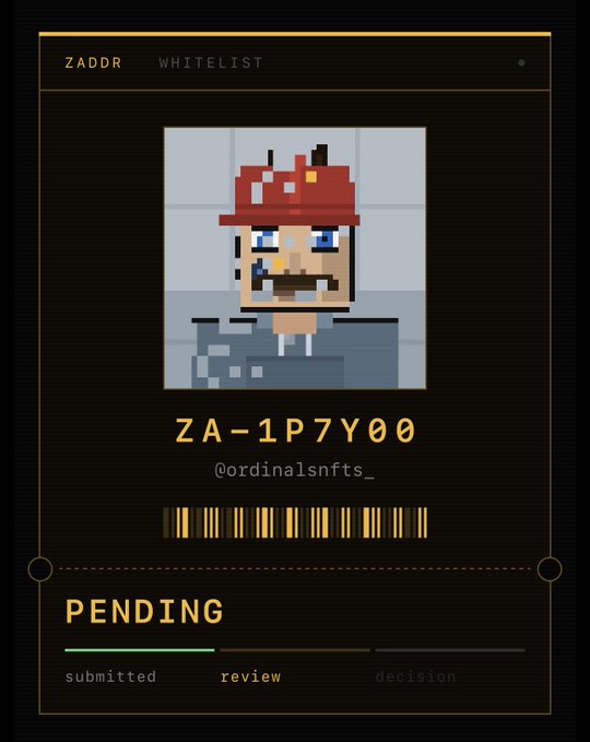 A pixel-art character wearing a red mushroom cap hat is displayed on a ZADDR Whitelist application card labeled "ZA-1P7Y00" by @ordinalsnfts_, showing the "PENDING" status with a progress bar indicating the application is currently under review.