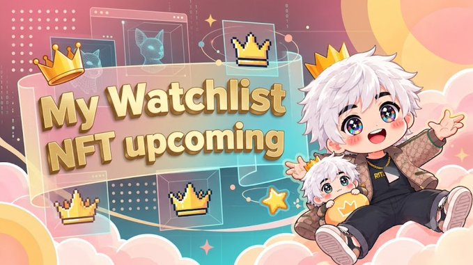 A colorful promotional banner advertises 'My Watchlist NFT upcoming' featuring chibi-style anime characters with white hair, crowns, and floating NFT icons against a pastel pink and blue background.