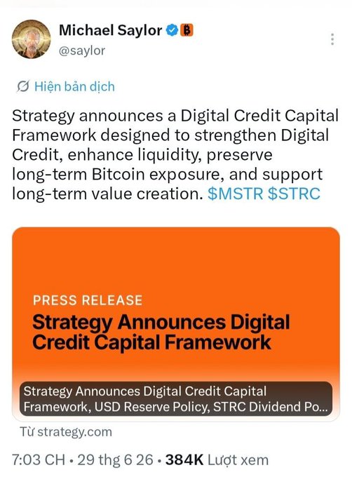 The image shows a tweet from Michael Saylor (@saylor) dated June 29, 2026, announcing "Strategy Announces Digital Credit Capital Framework" with tickers $MSTR and $STRC, linking to a strategy.com press release, which corresponds to the accompanying post detailing the framework's components including the USD Reserve Policy and STRC Dividend increase to 12%/year.