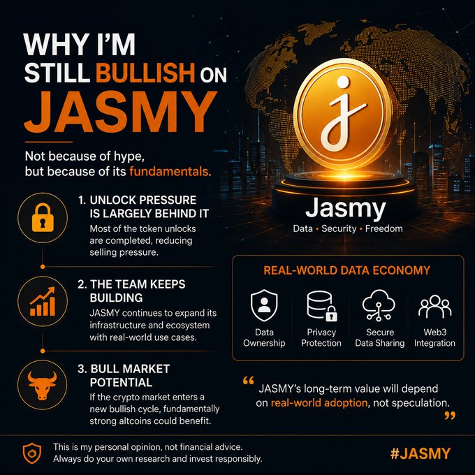 An infographic titled "Why I'm Still Bullish on JASMY" outlines three bullish points—reduced token unlock pressure, ongoing team development, and bull market potential—alongside a "Real-World Data Economy" section highlighting Data Ownership, Privacy Protection, Secure Data Sharing, and Web3 Integration, reinforcing the post's emphasis on JASMY's fundamentals and real-world adoption over speculation.