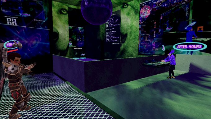 A screenshot from a video game or virtual environment showing avatars in a neon-lit, cyberpunk-style club setting with "AFTER-HOURS" neon signs and large green faces on the walls.