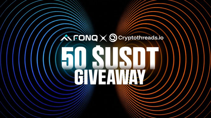 A promotional graphic for a "50 $USDT GIVEAWAY" collaboration between Afonq and Cryptothreads.io, featuring a black background with blue and orange concentric circle designs flanking the central text. The image's $50 USDT prize matches the giveaway announced in the post, though the post text mistakenly references a $30 prize.