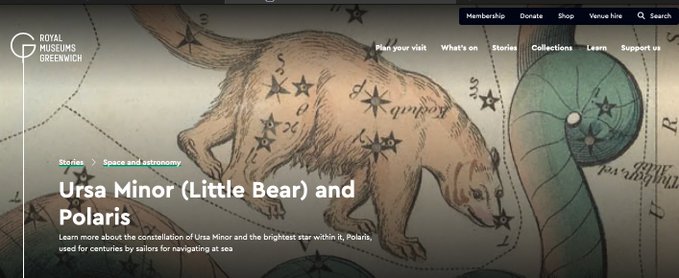 A webpage header for the Royal Museums Greenwich featuring an antique star map illustration of a bear and a serpent, titled 'Ursa Minor (Little Bear) and Polaris' under the 'Space and astronomy' category.