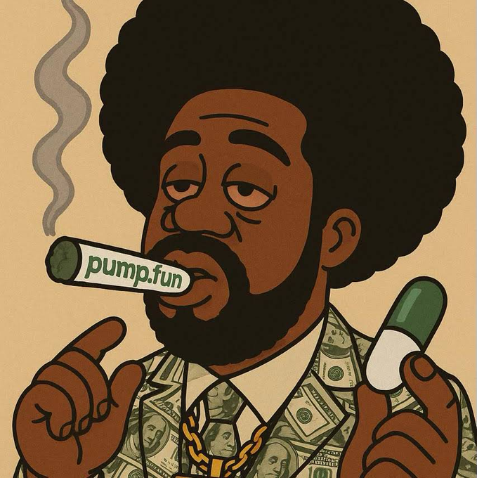 A cartoon illustration of a man with an afro, beard, and gold chain wearing a money-patterned suit, smoking a blunt labeled 'pump.fun' and holding another object.