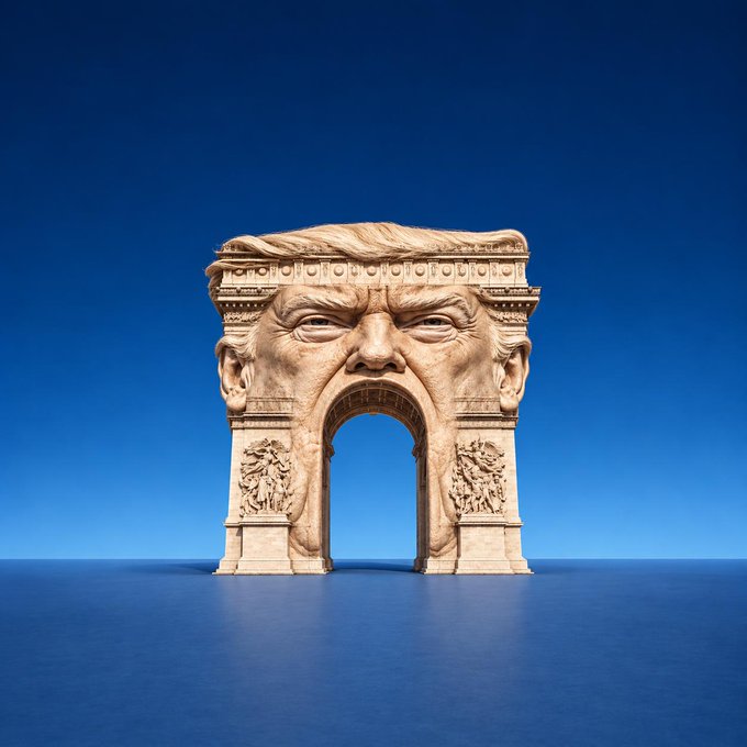 A surreal 3D render of the Arc de Triomphe transformed into a giant stone face with closed eyes and flowing hair, against a deep blue background.