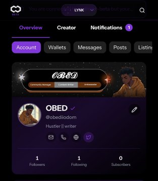 A mobile app profile screen for "OBED" (@obediodorm), showing a bio "Hustler || writer", a banner displaying "03:89", and stats of 1 Followers, 1 Following, and 0 Subscribers on a dark purple interface.