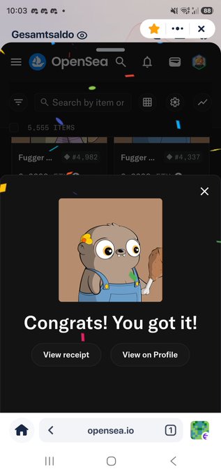 A smartphone screenshot of the OpenSea app displaying a pop-up that says 'Congrats! You got it!' with a cartoon bird NFT character holding a baseball bat, alongside buttons to 'View receipt' and 'View on Profile'.