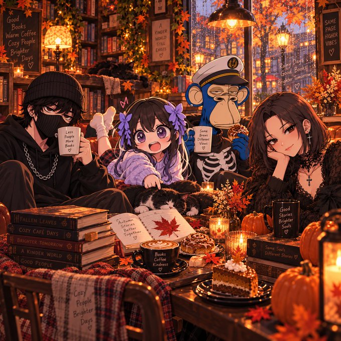An anime-style illustration depicts four characters gathered around a warm, cozy table filled with autumn leaves, books like 'Fallen Leaves' and 'Cozy Cafe Days', pumpkin spice coffee, and cake, with mugs reading 'Less People More Books', 'Same Souls Different Vibes', and 'Good Stories Brighter Souls'.