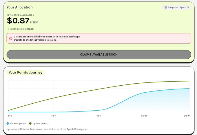 The image shows a Grass Season 2 airdrop dashboard displaying an estimated allocation of $0.87 USDC with claims unavailable until the app is updated, alongside a points journey chart tracking Uptime and Network points through Epoch 19. It illustrates the user's eligibility for the Grass airdrop distribution in USDC rather than the native GRASS token.