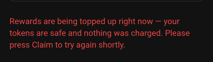 The image displays an error message on what appears to be the $OFC airdrop claim page, reading: "Rewards are being topped up right now — your tokens are safe and nothing was charged. Please press Claim to try again shortly." This message reassures users that their tokens remain secure despite the temporary inability to claim the airdrop, likely in response to the user reporting the issue to @ofc_the_club.