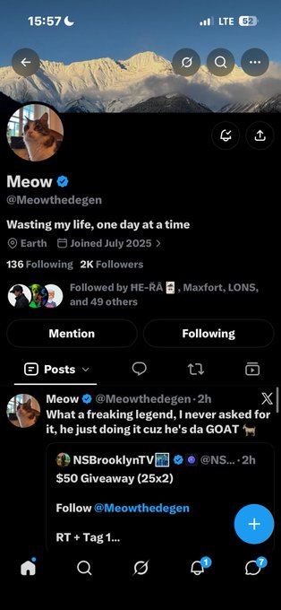 A Twitter/X profile page for 'Meow' (@Meowthedegen), featuring a cat avatar, bio 'Wasting my life, one day at a time', 136 followers, and a pinned post calling someone the 'da GOAT'.
