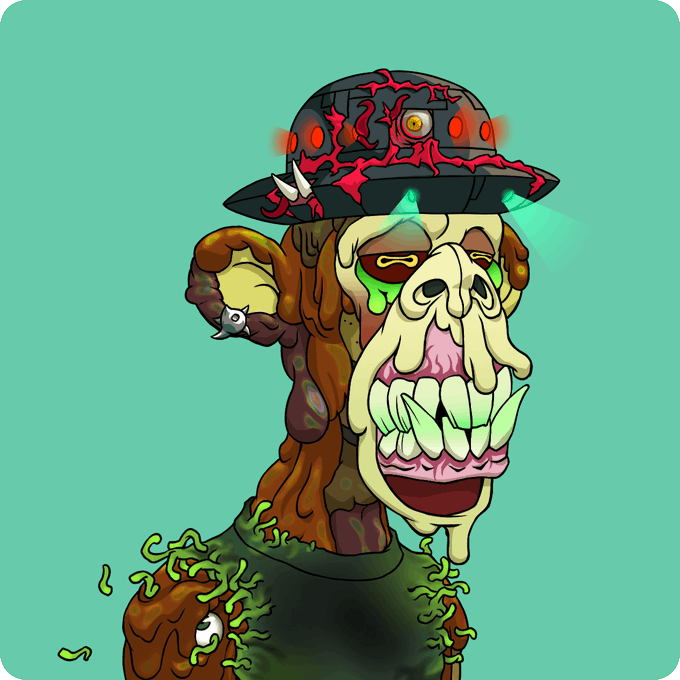 A cartoon illustration of a grotesque zombie character with melting skin, exposed teeth, and a cracked helmet with a glowing red eye.