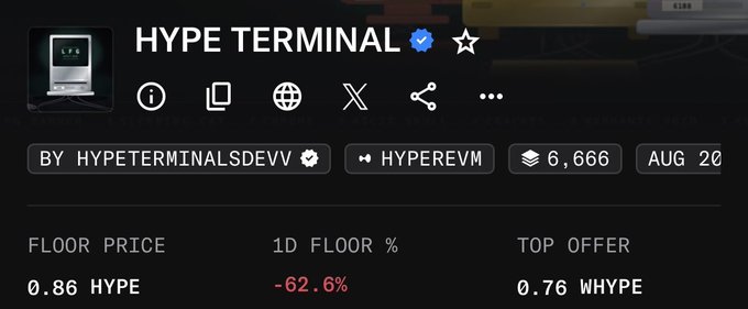 The image shows a marketplace listing for the "HYPE TERMINAL" NFT collection on HyperEVM, displaying a floor price of 0.86 HYPE (down 62.6% in 1D) and a top offer of 0.76 WHYPE. The sharp 62.6% drop in just one day visually reinforces the poster's claim of no longer having FOMO about the collection, as the rapid decline suggests the hype has already faded.