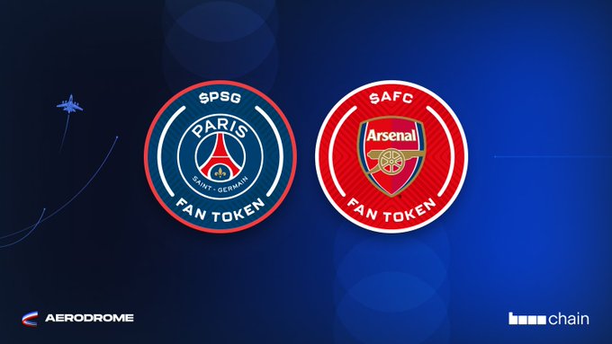 The image features a logo for two soccer teams, Paris Saint-Germain (SPG) and Arsenal Football Club (Safc). The logos are displayed against a blue background with white circles around them. Below the logos, there is text that reads "Here we go on @base too. The Champions League Final is now live on @AerodromeFi #SportFi". This suggests that the image is related to an event or promotion happening at the Aerodrome in Paris, France.