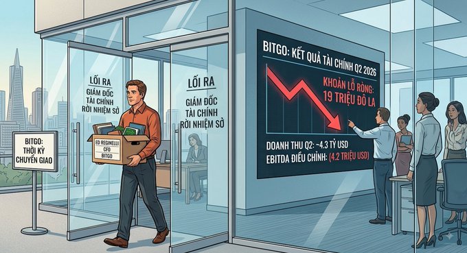 An illustration of a man carrying a box leaving a building labeled 'BITGO' amid news of executive departures, with a chart showing BITGO's Q2 2026 financial results including a $19 million loss and Q2 revenue of $4.3 billion.