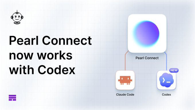 The image is a promotional graphic announcing that "Pearl Connect now works with Codex," showing the Pearl Connect hub connected to both Claude Code and a newly added Codex integration (marked "NEW") with their respective icons.