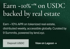 A green banner with white text that reads "Earn - 10% + fx on USDC", stating that users can earn $10 if they deposit $10 USDC, and be part owner of a property in France, indicating a possible international real estate opportunity.
