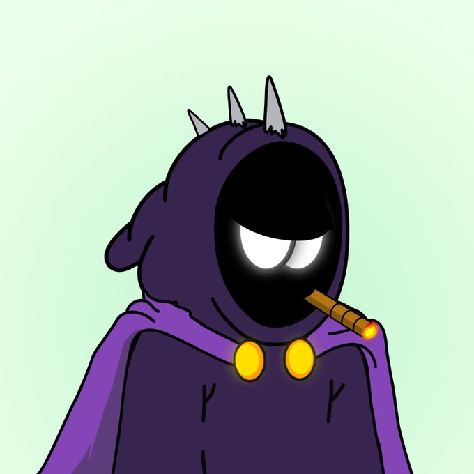 A cartoon character with a dark, spiked hood and glowing eyes smokes a joint, matching the post promoting the "1471 Already Minted" Wiz NFT collection available on OpenSea via Robinhood App. The edgy, mysterious aesthetic of the character aligns with the collection's branding.