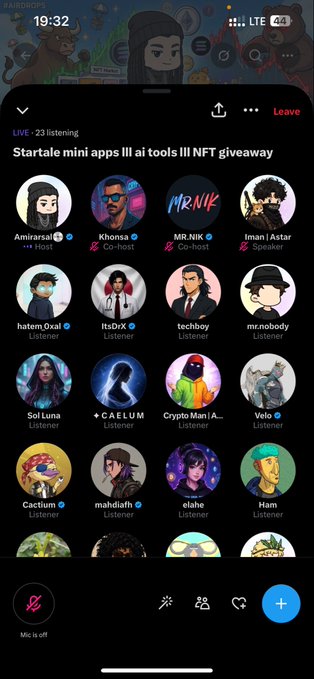 A Twitter Spaces audio room interface titled "Startale mini apps III ai tools III NFT giveaway" showing 23 listening participants, including host Amiraisa1, co-hosts Khonsa and MR.NiK, and speaker Iman|Astar, with usernames like Sol Luna, C A E L U M, and Crypto Man visible.