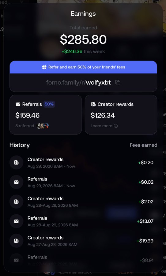 The image shows an "Earnings" dashboard from Fomo (fomo.family/r/wolfyxbt) displaying $285.80 total earned ($246.36 this week), broken down into $159.46 from Referrals (8 referred) and $126.34 from Creator rewards, with a history of recent payouts illustrating how creators can earn revenue when their Thesis content drives trading activity on the platform.