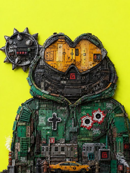 A detailed digital artwork featuring a cat-shaped structure built from various mechanical and city-like components, including a yellow NYC taxi, subway signs, gears, and industrial pieces, set against a bright yellow background.