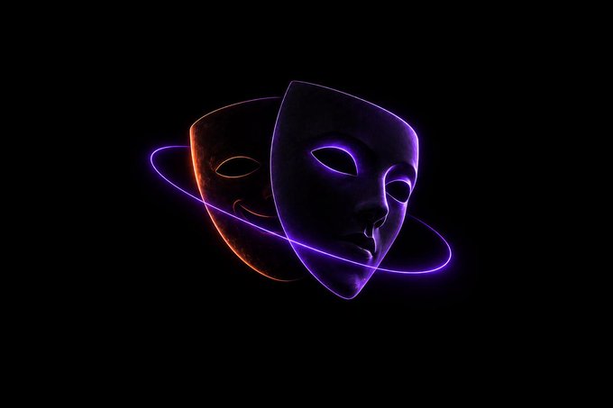 Two theatrical masks — one smiling in orange, one frowning in purple — are encircled by glowing neon rings against a black void. The imagery captures the post's theme of ambiguous motives ("capture or caution"), with the dual masks symbolizing the unpredictable, performative nature of AI-driven attacks that security must address regardless of intent.
