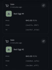 A dark-themed digital listing showing two items for sale: 'Bad Egg #4' priced at 642.00 RON and 'Bad Egg #2' priced at 643.00 RON, both from an account named '2 minutes ago'.