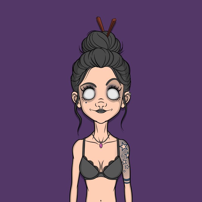 A cartoon illustration of a young woman with dark hair in a bun, blank white eyes, wearing a black bra and a purple pendant necklace against a solid purple background.