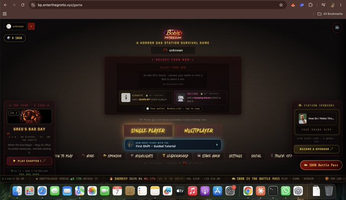 A screenshot of a gaming website titled 'Bob's Intergalactic' with a horror gas station survival game, showing options for 'Single Player' and 'Multiplayer' modes.