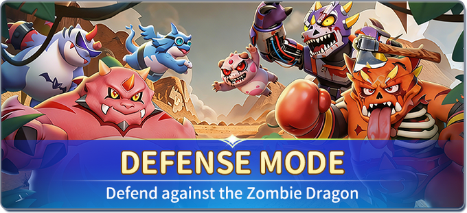 A colorful cartoon illustration of fantasy monsters including a pink demon, blue creature, and orange goblin, with text reading 'DEFENSE MODE - Defend against the Zombie Dragon'.