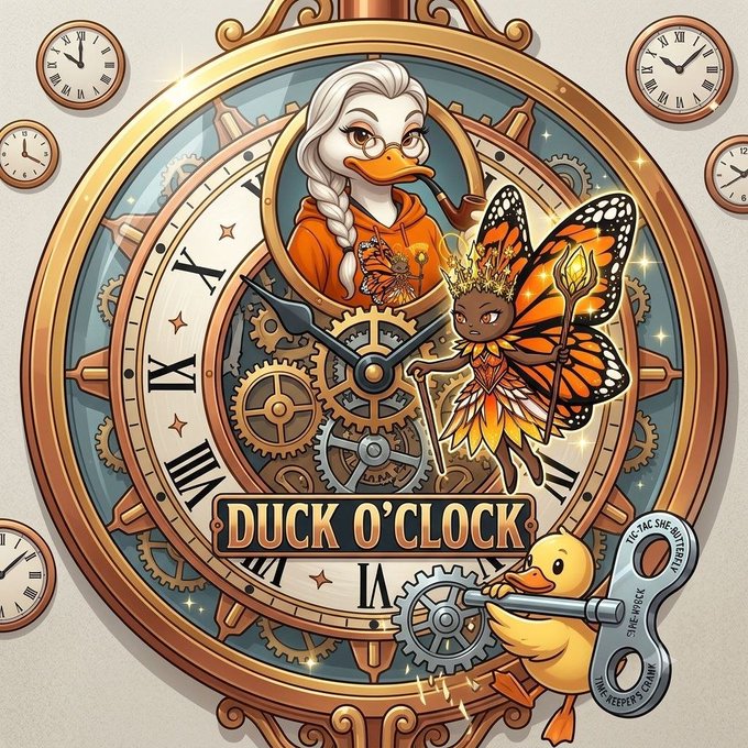 A steampunk-style illustration featuring a white-haired duck character smoking a pipe, a butterfly fairy, a yellow duck with a wrench, clocks, and gears with the text 'DUCK O'CLOCK'.