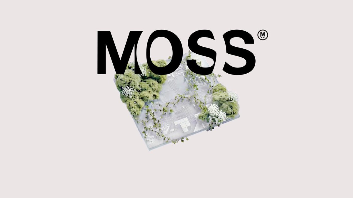 The image features an advertisement for a mobile application called "Moss". The app, which is designed to help users manage their finances more efficiently, is shown as a square with the word "MOSS" written in black letters at the top. Below this, there are two images of a garden scene and a house, both rendered in white color. These images serve as visual representations of the app's features: the garden represents the concept of managing multiple accounts or wallets, while the house symbolizes the idea of consolidating financial information into one place for better organization and control over personal finances.