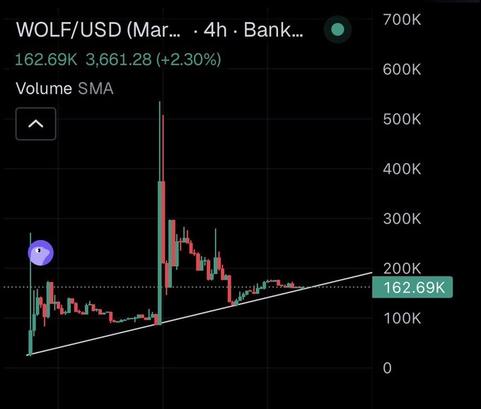 A 4-hour candlestick chart of WOLF/USD on Coinbase shows a current price of 3,661.28, up 2.30%, with a Volume SMA trending sharply upward (162.69K) along a rising support line following a major spike to over 500K—visually reinforcing the post's bullish "buy me" call and signaling a breakout for the Base ecosystem token.
