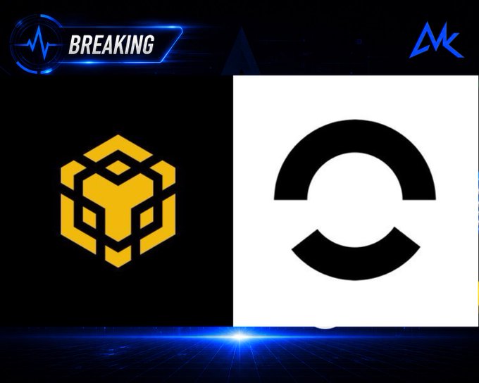 A news graphic with a 'BREAKING' banner shows two cryptocurrency logos side by side: a yellow hexagonal Binance Coin (BNB) symbol on a black background and a black Circle/Coinbase symbol on a white background.