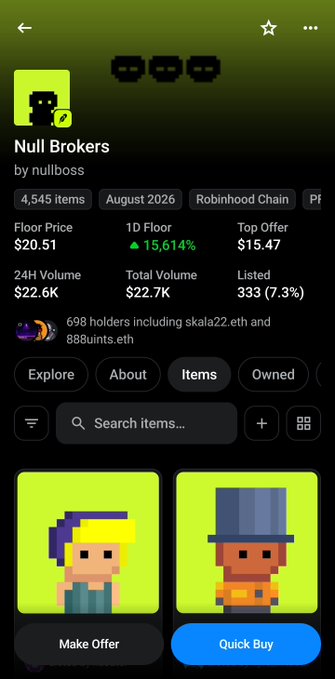 A screenshot of an OpenSea NFT collection page titled 'Null Brokers' by nullboss, showing a floor price of $20.51, 24H volume of $22.6K, and 4,545 items.
