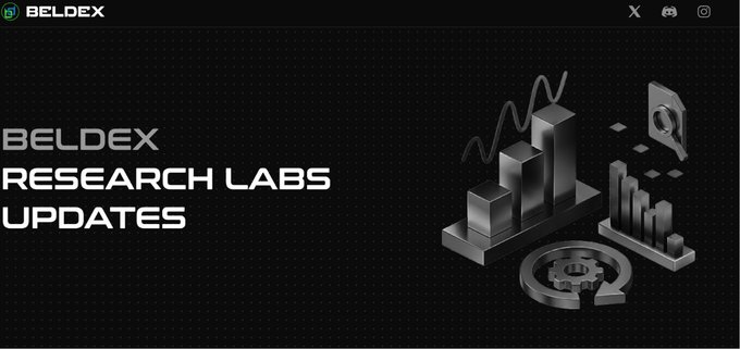 A dark promotional banner for "BELDEX RESEARCH LABS UPDATES" features the Beldex logo and 3D graphics of bar charts, a hard drive, a document, and a gear, visually representing the technical research mentioned in the post about implementing VRF consensus to enhance network security and fairness.