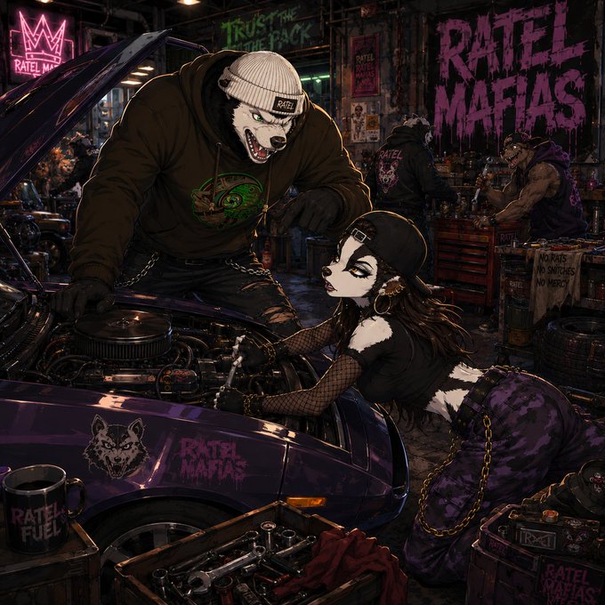 An illustration of an anthropomorphic bear character in a beanie leaning over a purple car being worked on by a humanoid creature, with 'RATEL MAFIAS' graffiti in the background.