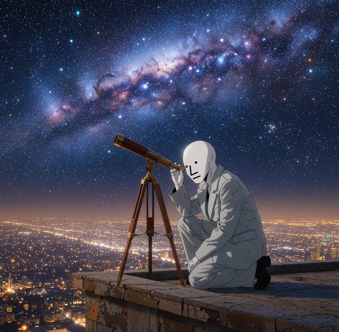 The image depicts a stylized, masked figure in a gray suit kneeling beside a telescope on a rooftop, gazing up at a vibrant, star-filled night sky overlooking a glowing city below.

It visually reinforces the post's message of ambition and aspiration—"aiming for the moon"—by showing someone with a telescope literally aiming toward the cosmos, symbolizing the bold, far-reaching goals associated with the $NPC token.