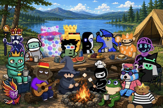 A colorful digital illustration of various crypto/NFT characters (including Bored Apes, Bitcoin logos, a cat, a frog) gathered around a campfire near a lake with mountains and a tent in the background.