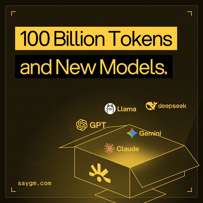 The image is a promotional graphic with a black background and gold/yellow accents, featuring the headline "100 Billion Tokens and New Models." at the top. Below, an illustration of an open cardboard box displays logos of various AI models emerging from it, including Llama, deepseek, GPT, Gemini, and Claude, symbolizing a treasure trove of AI capabilities. The website "saygm.com" is noted in the bottom left corner, tying the visual to the post celebrating GM nearing 100 billion processed network tokens.