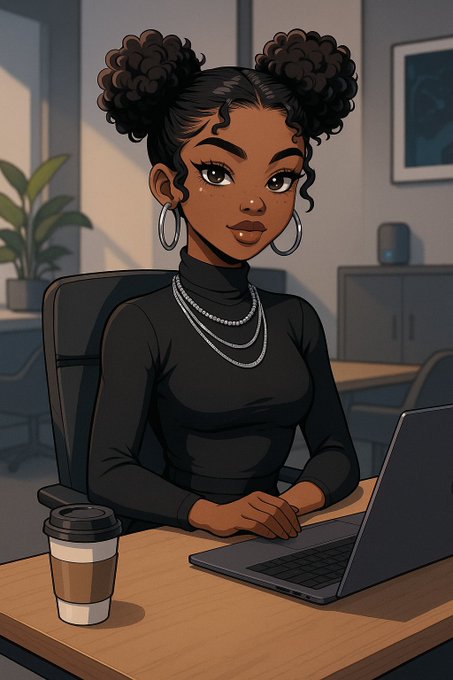 An animated illustration of a young woman with double space buns, hoop earrings, and layered pearl necklaces wearing a black turtleneck, sitting at a desk with a laptop and coffee cup.
