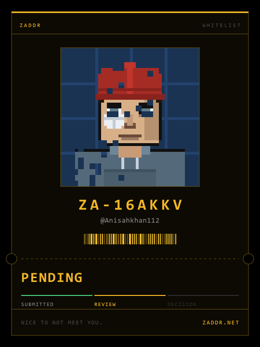A digital "ZADDR" whitelist profile card for username "@Anisahkhan112" with ID "ZA-16AKKV", featuring pixel art of a crying person and a pending status.