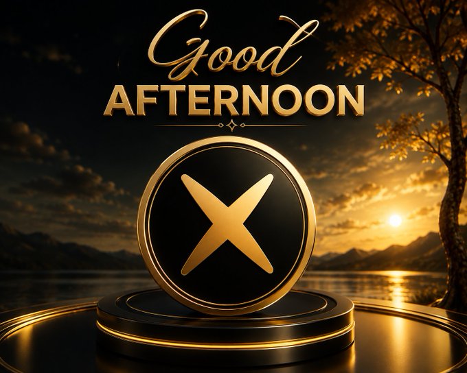 The image features a luxurious gold and black design with "Good Afternoon" displayed in elegant gold typography above a glowing "X" emblem on a podium, set against a sunset landscape. This complements the post's afternoon greeting to the CT (crypto Twitter) community while highlighting the "X" platform, which is central to XREIGN's ecosystem that rewards users for their activity and engagement on X.
