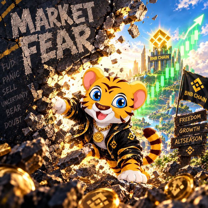 A vibrant illustration depicts an animated tiger mascot wearing gold chains bursting through a cracked wall labeled 'MARKET FEAR' (with words like 'FUD', 'PANIC', 'SELL', 'UNCERTAINTY', 'BEAR', 'DOUBT' written on it), revealing a bright cityscape with green candlestick charts and a sign for 'BNB CHAIN' alongside signs reading 'FREEDOM', 'GROWTH', and 'ALTSEASON'.